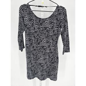 Nollie Womens Sz M 3/4 Sleeve Mini Dress Black Gray Feather Print Fitted